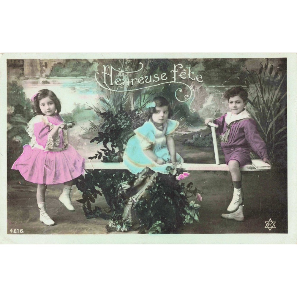 Vintage French Hand-Tinted Postcard Heureuse Fete Children on Seesaw VG - Picture 1 of 2